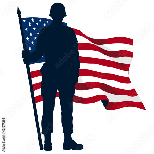 Soldier silhouette standing proud by American flag, honoring sacrifice