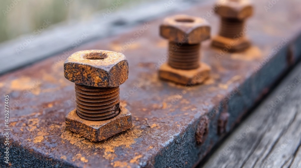 Macro photograph of rusty bolts and corroded metal plate, flaking textures, tactile surface Macro photograph of rusty bolts and corroded metal plate, flaking textures, tactile surface