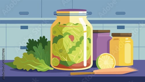 A jar of homemade sauerkraut fermenting on the kitchen counter the crisp cabbage transforming into tangy probioticrich goodness..