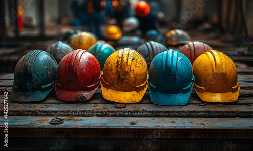 Colorful hard hats safety teamwork construction work