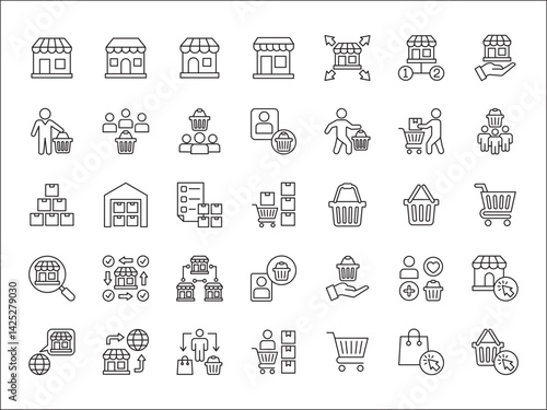 Online shop and store icon set. Consumer and goods icons. Set contains symbol of marketplace, network branch store, front shop, shopping basket, trolley, goods stock. vector illustration