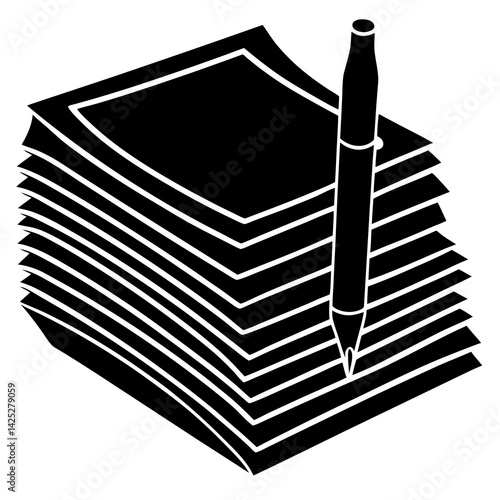 Paper stack with pen with white background 
