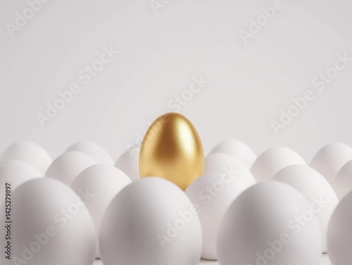 Unique Golden Egg Surrounded by Simple White Eggs on White Background