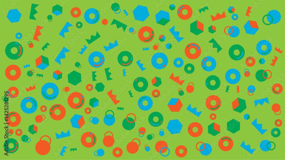 Green background with various shapes of blue, red, and green, suitable for graphic design projects, backgrounds, or abstract concepts. Green background with various shapes of blue, red, and green, suitable for graphic design projects, backgrounds, or abstract concepts.