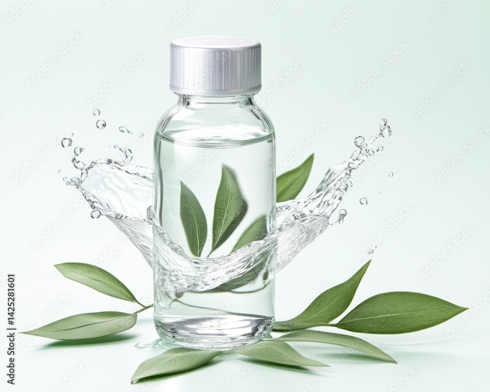 Clear bottle with water splash and leaves Clear bottle with water splash and leaves