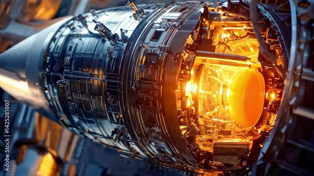 Close-up of a jet engine with intense heat