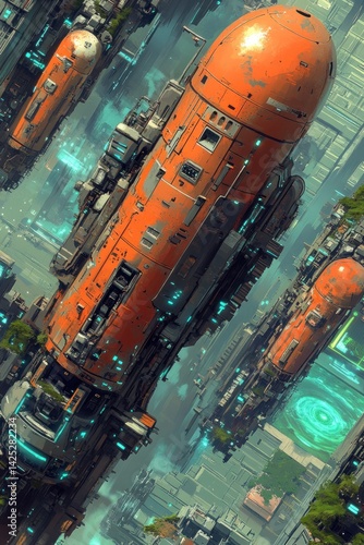 Futuristic cityscape with orange vessels