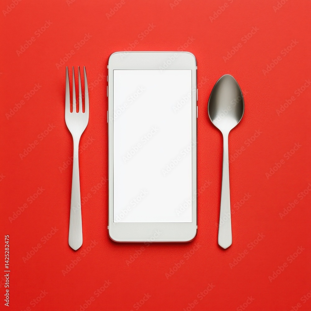 Smartphone Surrounded by Fork and Spoon on Bright Red Background Smartphone Surrounded by Fork and Spoon on Bright Red Background
