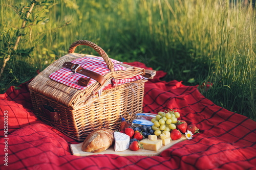Obraz na płótnie The image shows a picnic setup on a red blanket in a grassy field w salonie