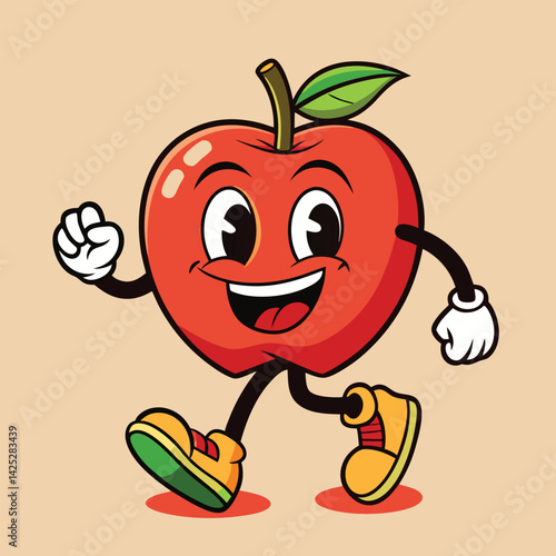 Groovy apple mascot. Funky retro character. cartoon apple, smiling, walking. Funny vintage trendy style character. Doodle Comic collection 
