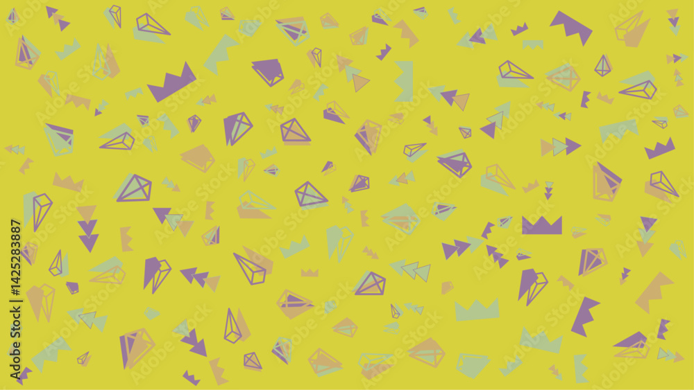 Yellow background with a pattern of purple, green, and tan diamonds and triangles. Suitable for vibrant and eye catching designs. Bold and geometric graphic design element. Yellow background with a pattern of purple, green, and tan diamonds and triangles. Suitable for vibrant and eye catching designs. Bold and geometric graphic design element.