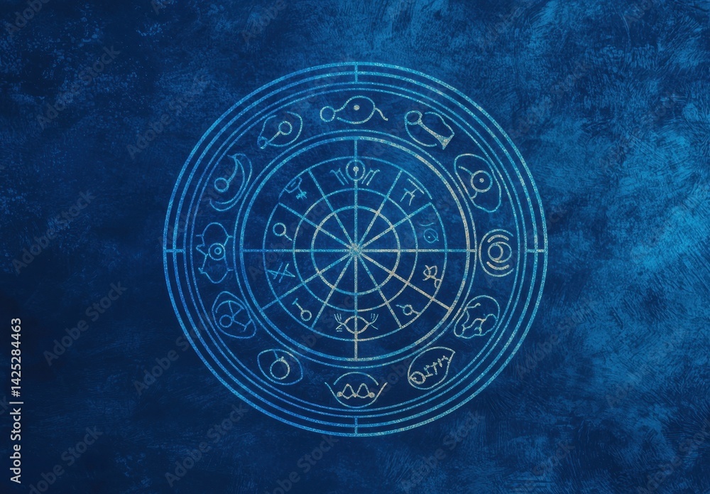 Naklejka premium Astrological Zodiac Wheel on Blue Background with Symbolic Icons