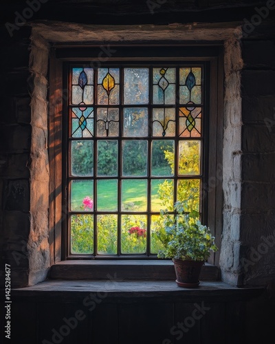 A beautiful stained glass window illuminates a vibrant garden scene. Nature thrives outside. A charming potted flower adds character to the home. Generative AI.