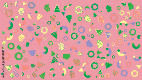 Pink background with geometric shapes and a light yellow ring. Ideal for contemporary design projects needing a pop of color and modern aesthetic.
