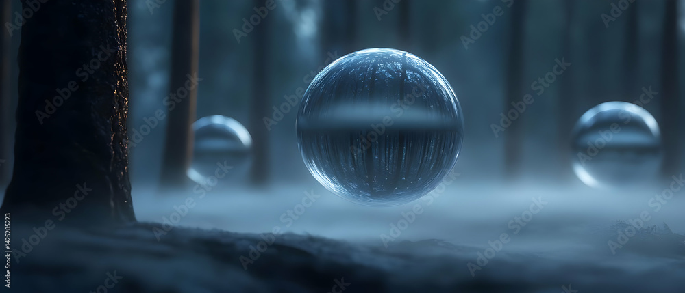 Mystical orbs float in a misty forest