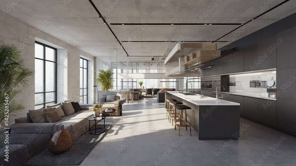 Open-concept loft apartment with modern kitchen and living area.