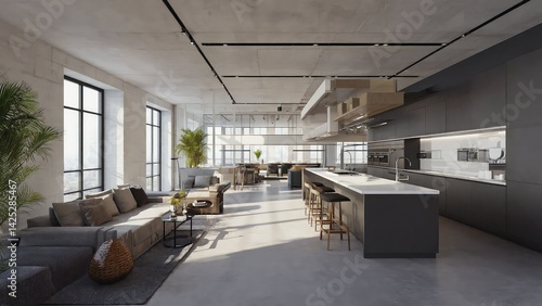 Obraz na płótnie Open-concept loft apartment with modern kitchen and living area. w salonie