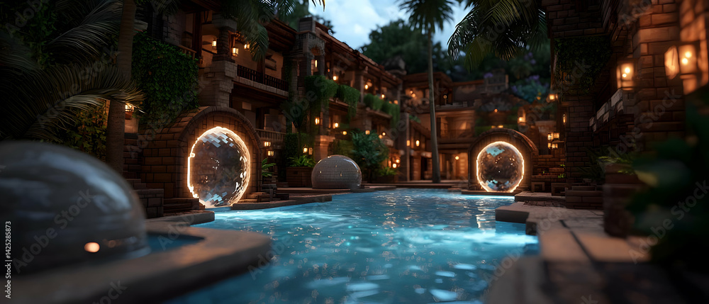 Tropical Resort Courtyard with Pools and Portal