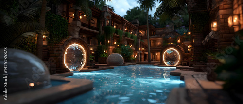 Obraz na płótnie Tropical Resort Courtyard with Pools and Portal w salonie