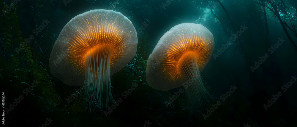 Bioluminescent Jellyfish in Deep Sea