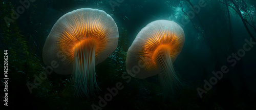 Obraz na płótnie Bioluminescent Jellyfish in Deep Sea w salonie