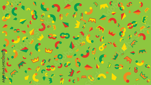 Green background with colorful crowns and shapes, great for party invitations, event posters, and royal themed designs for various occasions.