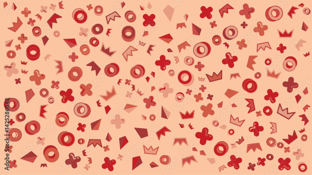 Red and pink geometric pattern with crowns suitable for backgrounds, textiles, invitations, and packaging designs with a royal theme. Red and pink geometric pattern with crowns suitable for backgrounds, textiles, invitations, and packaging designs with a royal theme.