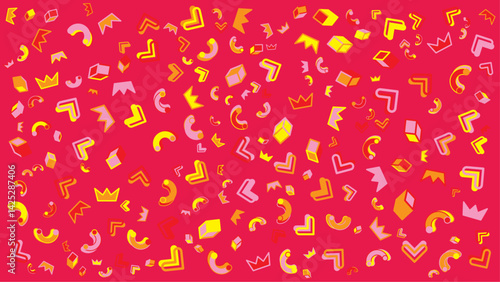 Colorful arrows, crowns, and cubes pattern ideal for backgrounds, website designs, or graphic prints needing a vibrant and dynamic touch.