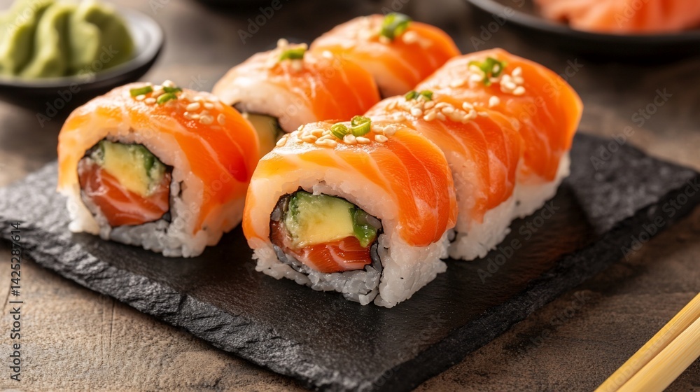 Salmon Sushi Rolls on Slate Plate Salmon Sushi Rolls on Slate Plate