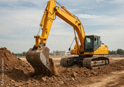 Yellow excavator digging dirt at a construction site, concept of heavy machinery and earth moving for building and infrastructure development.