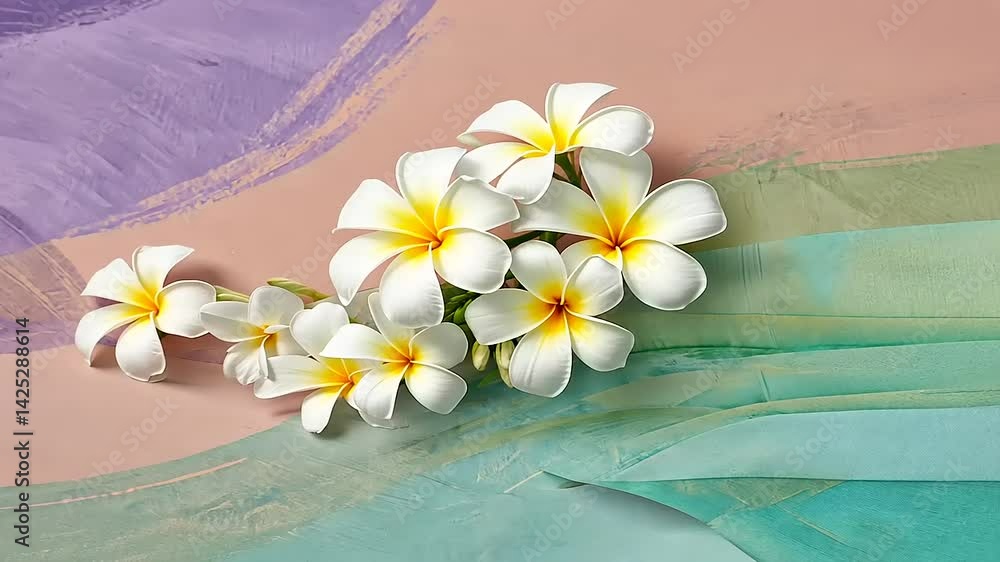 A vibrant arrangement of plumeria flowers on a pastel-painted background, showcasing nature's beauty A vibrant arrangement of plumeria flowers on a pastel-painted background, showcasing nature's beauty