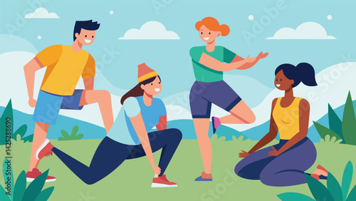 A group of friends take turns leading a series of stretches and squats laughing and chatting as they prepare for a day of hiking.. Vector illustration