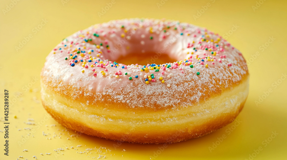 A bright donut with sprinkles on a yellow background, highlighting contrast and freshness A bright donut with sprinkles on a yellow background, highlighting contrast and freshness