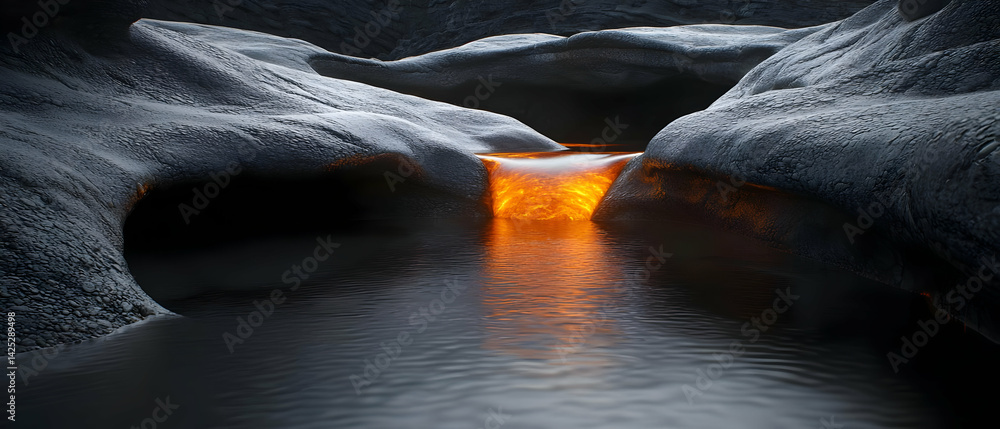 Waterfall Through Rocks, Golden Light