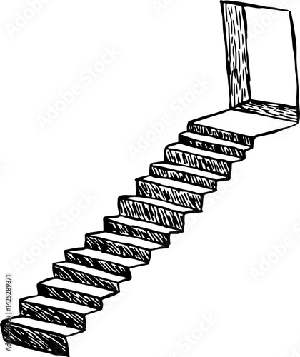 steps leading high up to an open doorway, sketch hand drawn with black curved lines