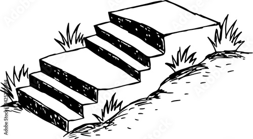 stairs outside among plants, sketch hand drawn with black curved lines