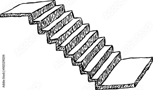 a staircase with steps and two platforms, sketch hand drawn with black curved lines
