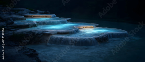 Obraz na płótnie Mystical Waterfall Steps at Night w salonie