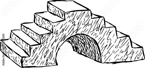 double-sided staircase with an arched passage underneath, sketch hand drawn with black curved lines
