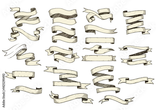Hand-Drawn Ribbon and Banner Set for Vintage Designs