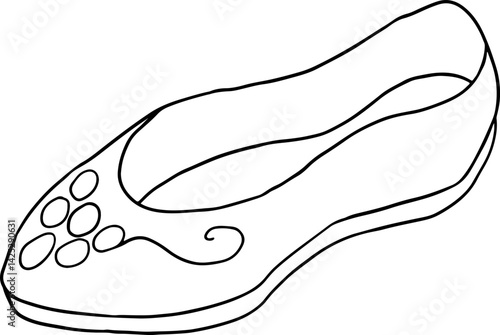 women elegant closed toe one shoe ballet flat strapless heel with small decoration, hand drawn with black curved lines