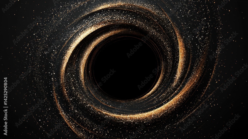 Swirling Cosmic Black Hole with Golden Sparkles on Dark Background Swirling Cosmic Black Hole with Golden Sparkles on Dark Background
