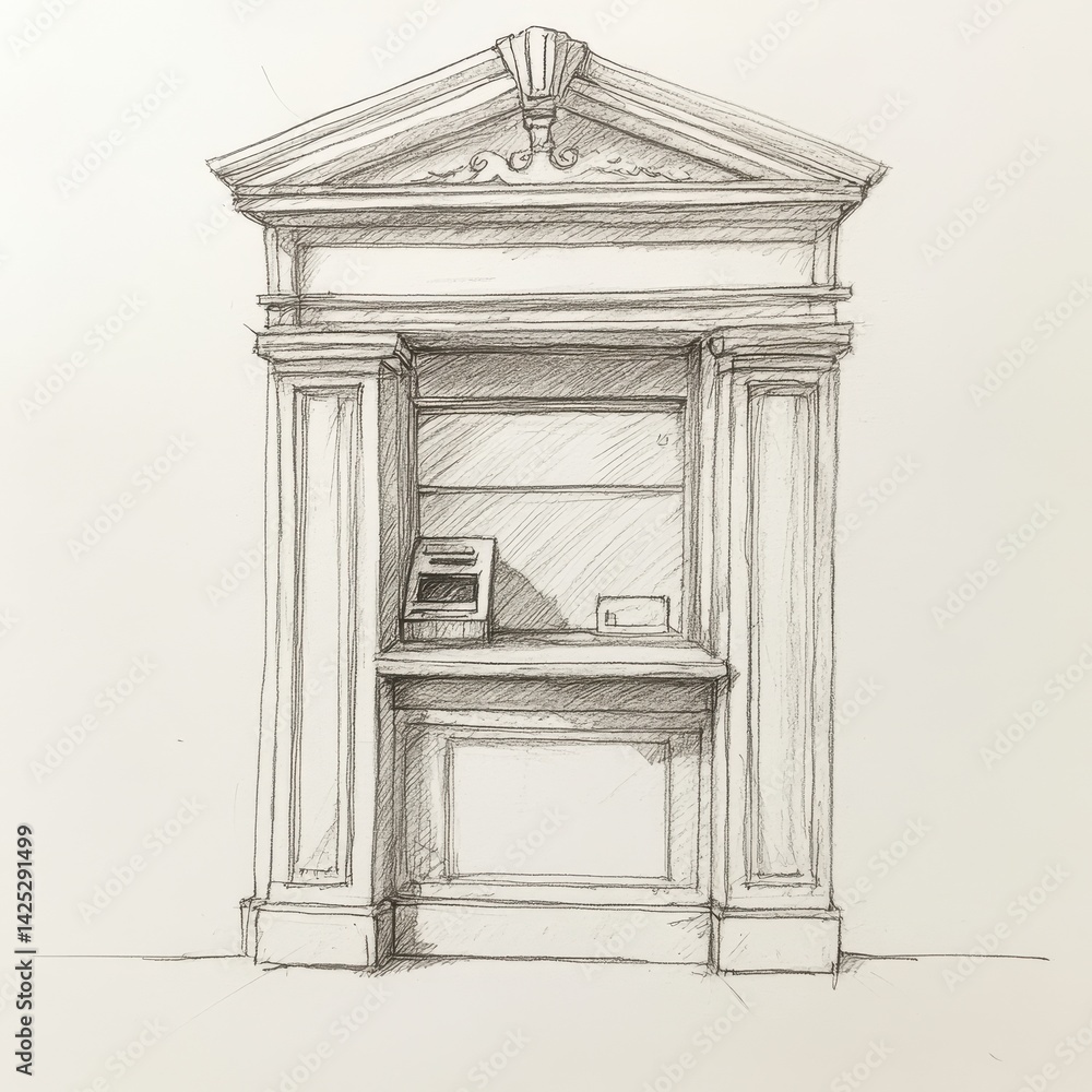 Architectural Sketch of a Small Bank Kiosk with a Teller Window in Fine Detail, Showcasing Intricate Design and Shading Architectural Sketch of a Small Bank Kiosk with a Teller Window in Fine Detail, Showcasing Intricate Design and Shading