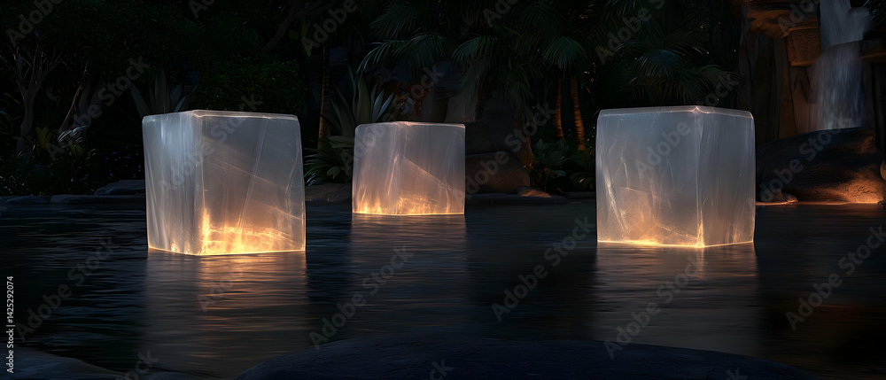 Floating cube lanterns illuminating a water feature