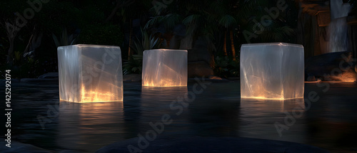 Obraz na płótnie Floating cube lanterns illuminating a water feature w salonie
