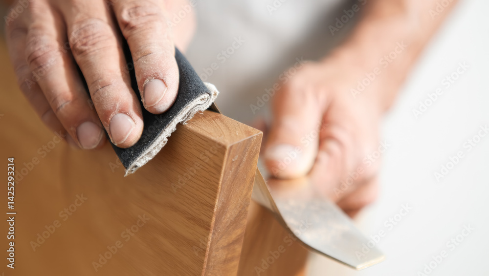 Man is sanding a piece of wood with a piece of sandpaper