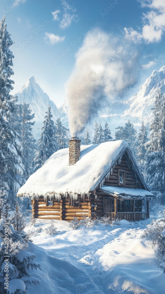 Naklejka premium Secluded log cabin nestled in snow-covered forest landscape with mountains and smoke rising from chimney on sunny winter day