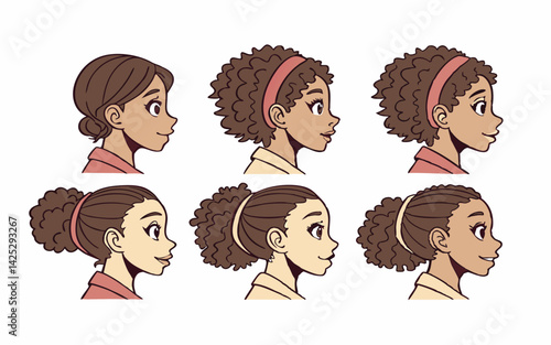 Diverse Woman Hairstyle Illustrations Side Profile Drawings Curly Hair Bun Headband	