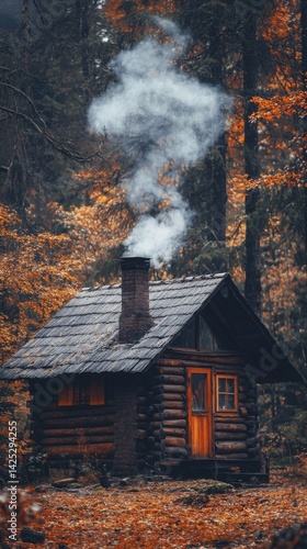 A cozy cabin nestled in autumn foliage. The smoke curling from the chimney adds warmth to the serene landscape. Embrace nature and tranquility in this picturesque scene. Generative AI
