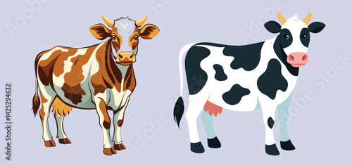 Funny black, brown and white spotted cow characters standing, sitting, running, cartoon vector illustration set isolated on white background. Cow characters, design element for farm, 